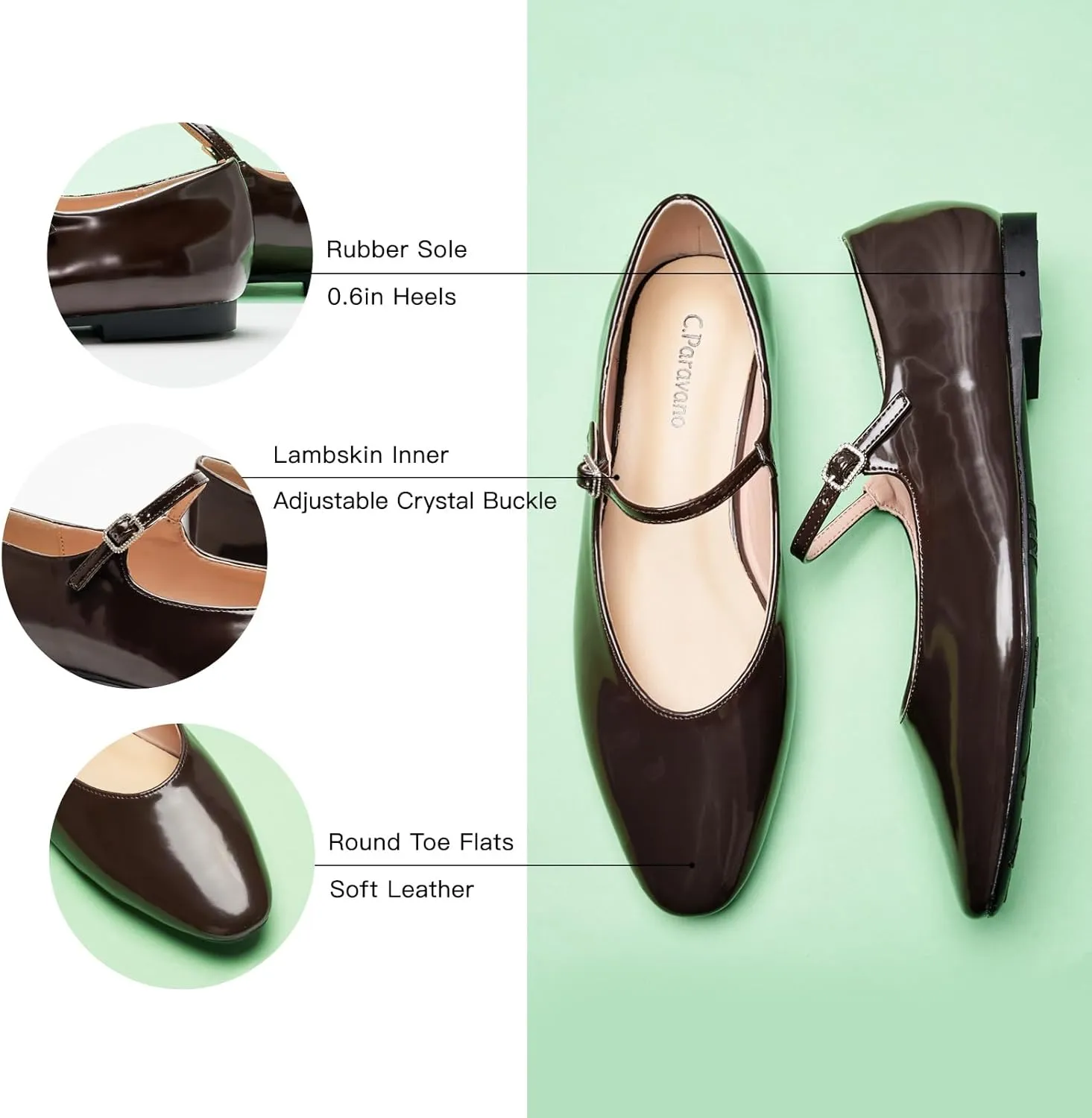 C.Paravano Women's Mary Jane Flats | Almond Toe Flats for Women | Leather Ballet Flats with Strap | Fashion Comfortable Work & Casual Shoes for Daily Wear,Walking