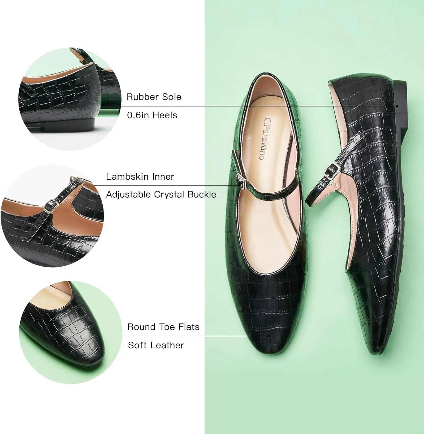 C.Paravano Women's Mary Jane Flats | Almond Toe Flats for Women | Leather Ballet Flats with Strap | Fashion Comfortable Work & Casual Shoes for Daily Wear,Walking