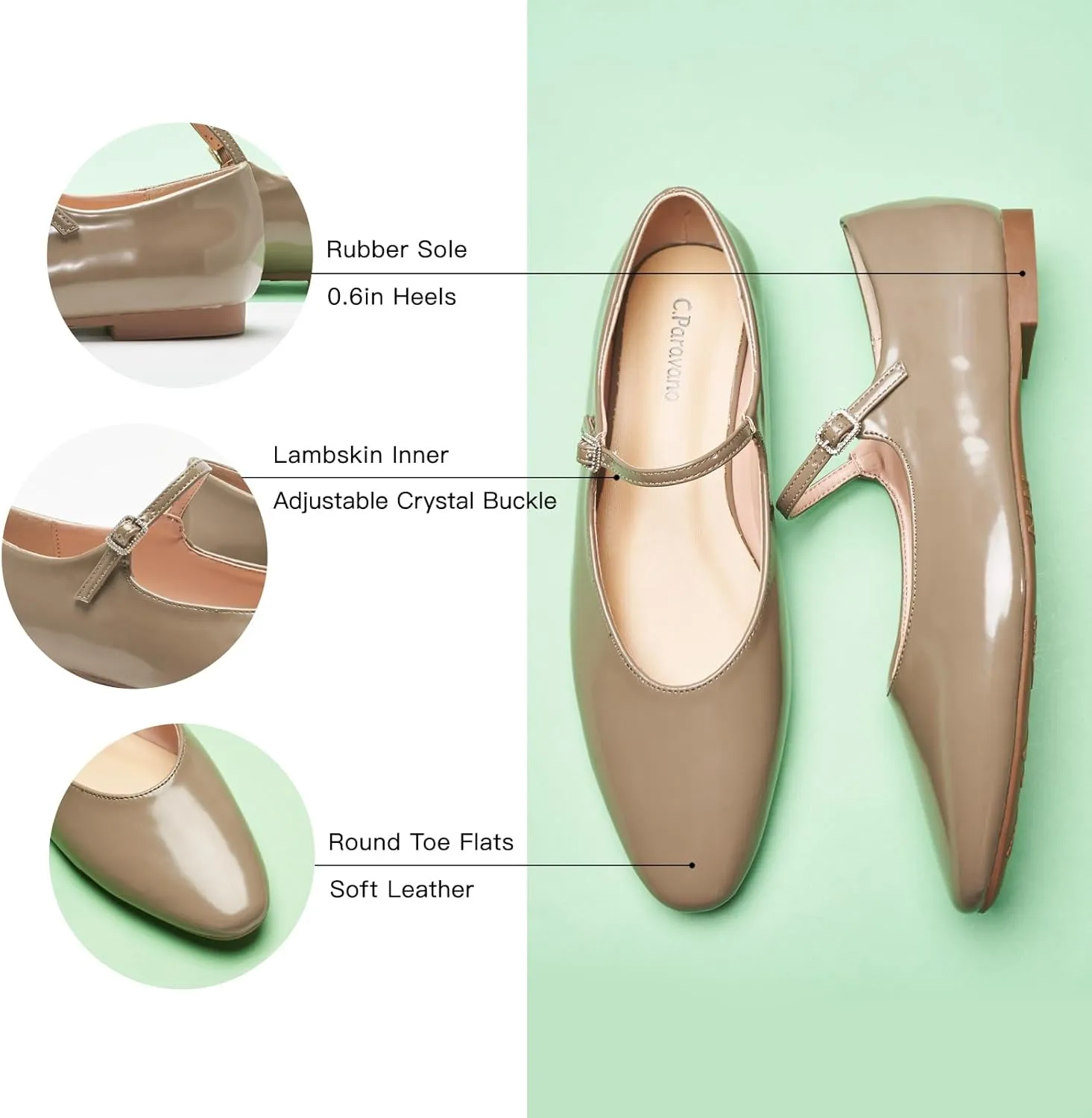 C.Paravano Women's Mary Jane Flats | Almond Toe Flats for Women | Leather Ballet Flats with Strap | Fashion Comfortable Work & Casual Shoes for Daily Wear,Walking