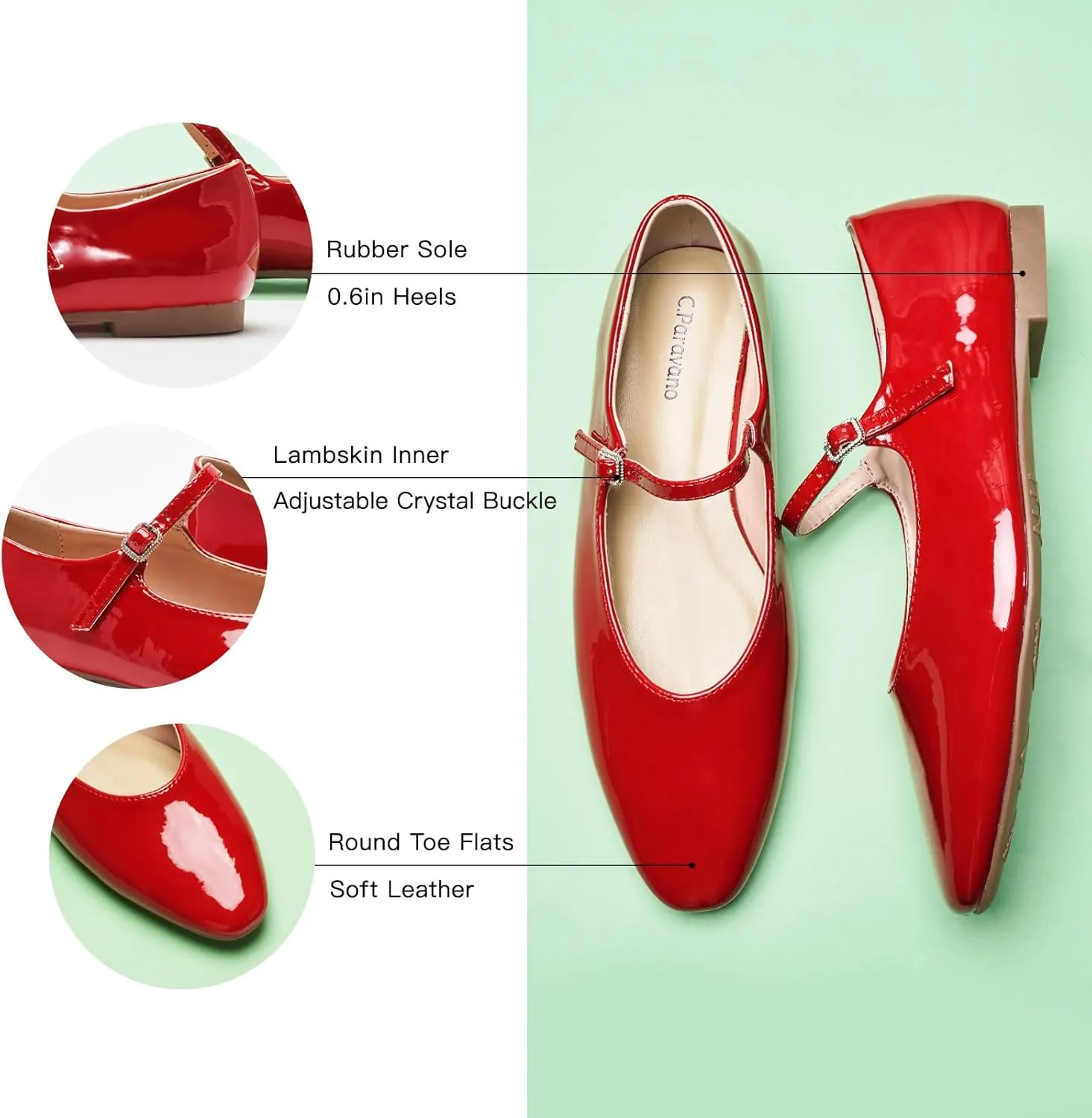 C.Paravano Women's Mary Jane Flats | Almond Toe Flats for Women | Leather Ballet Flats with Strap | Fashion Comfortable Work & Casual Shoes for Daily Wear,Walking
