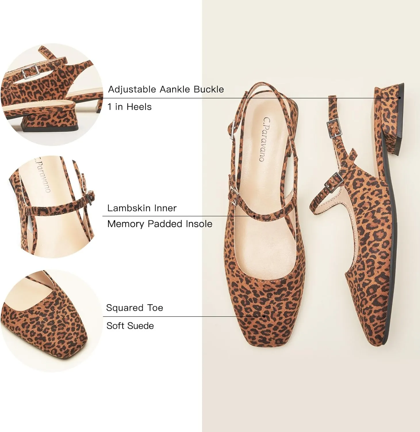 C.Paravano Women's Slingback Flats | Square Toe Slingback Flats for Women | Block Heel Sandals