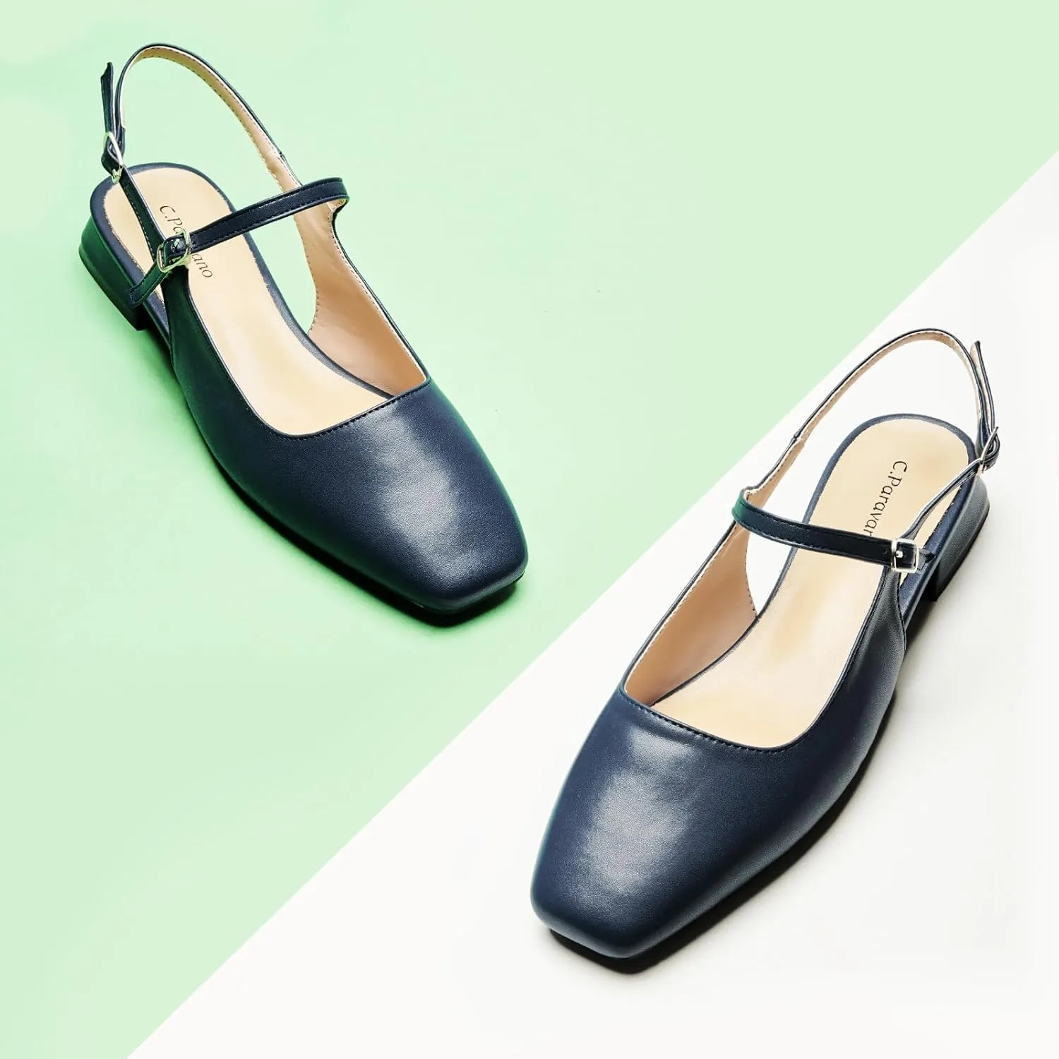 C.Paravano Women's Slingback Flats | Square Toe Slingback Flats for Women | Block Heel Sandals