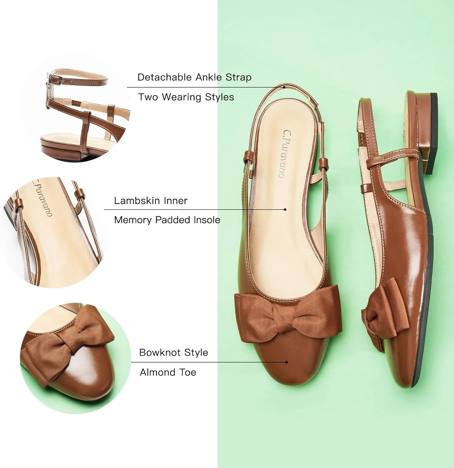 C.Paravano Women's Slingback Flats with Bowknot Flats Sandals Slip on Casual Flats Shoes Detachable Ankle Strap Almond Toe