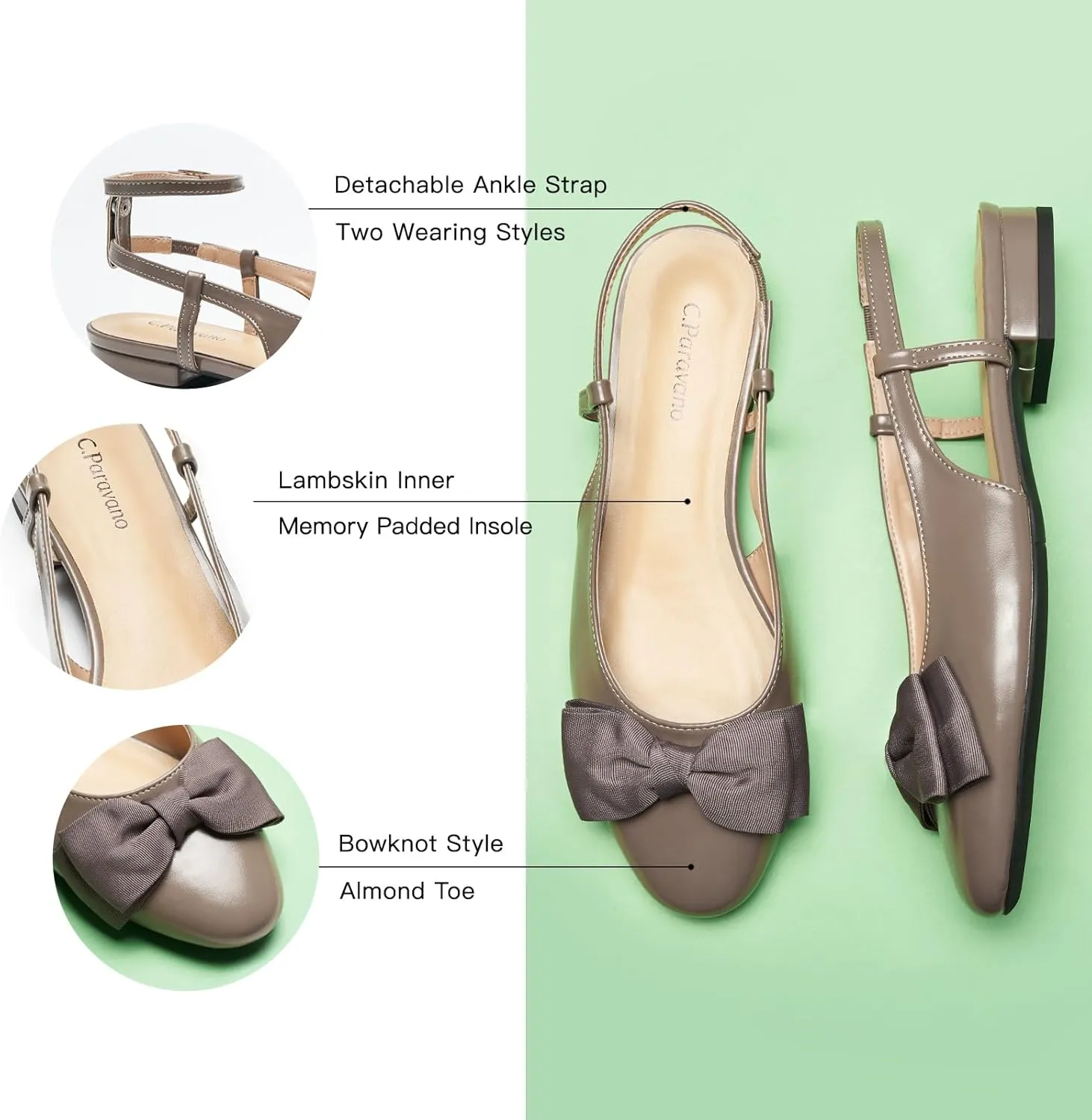 C.Paravano Women's Slingback Flats with Bowknot Flats Sandals Slip on Casual Flats Shoes Detachable Ankle Strap Almond Toe