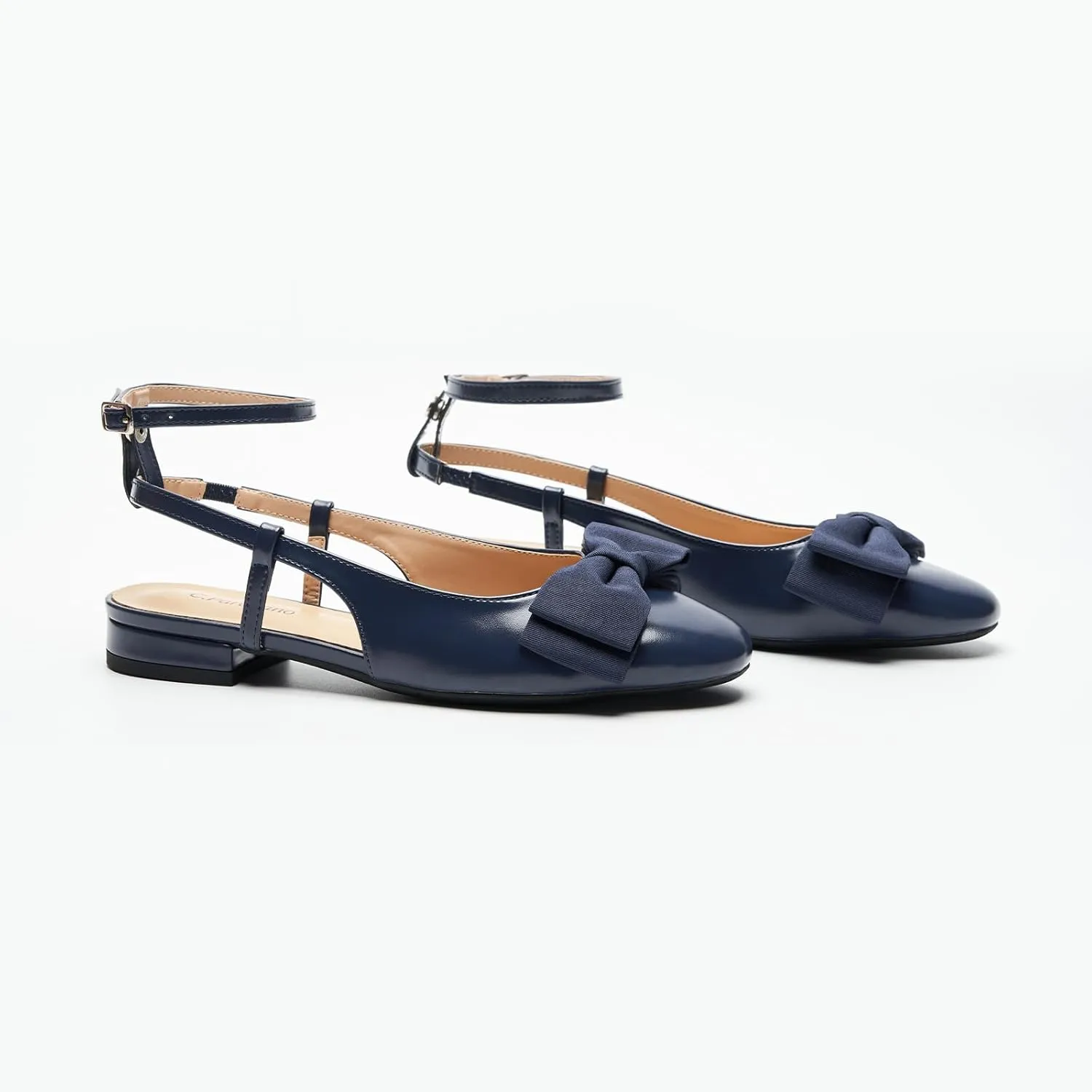 C.Paravano Women's Slingback Flats with Bowknot Flats Sandals Slip on Casual Flats Shoes Detachable Ankle Strap Almond Toe