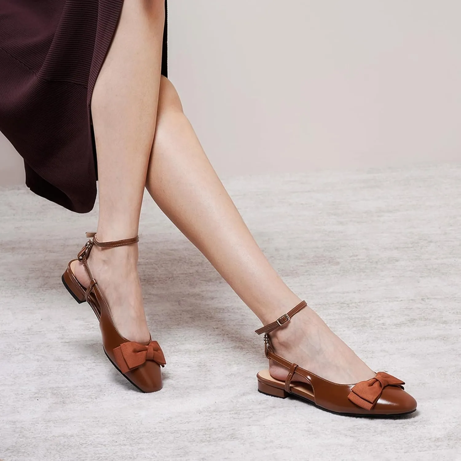 C.Paravano Women's Slingback Flats with Bowknot Flats Sandals Slip on Casual Flats Shoes Detachable Ankle Strap Almond Toe