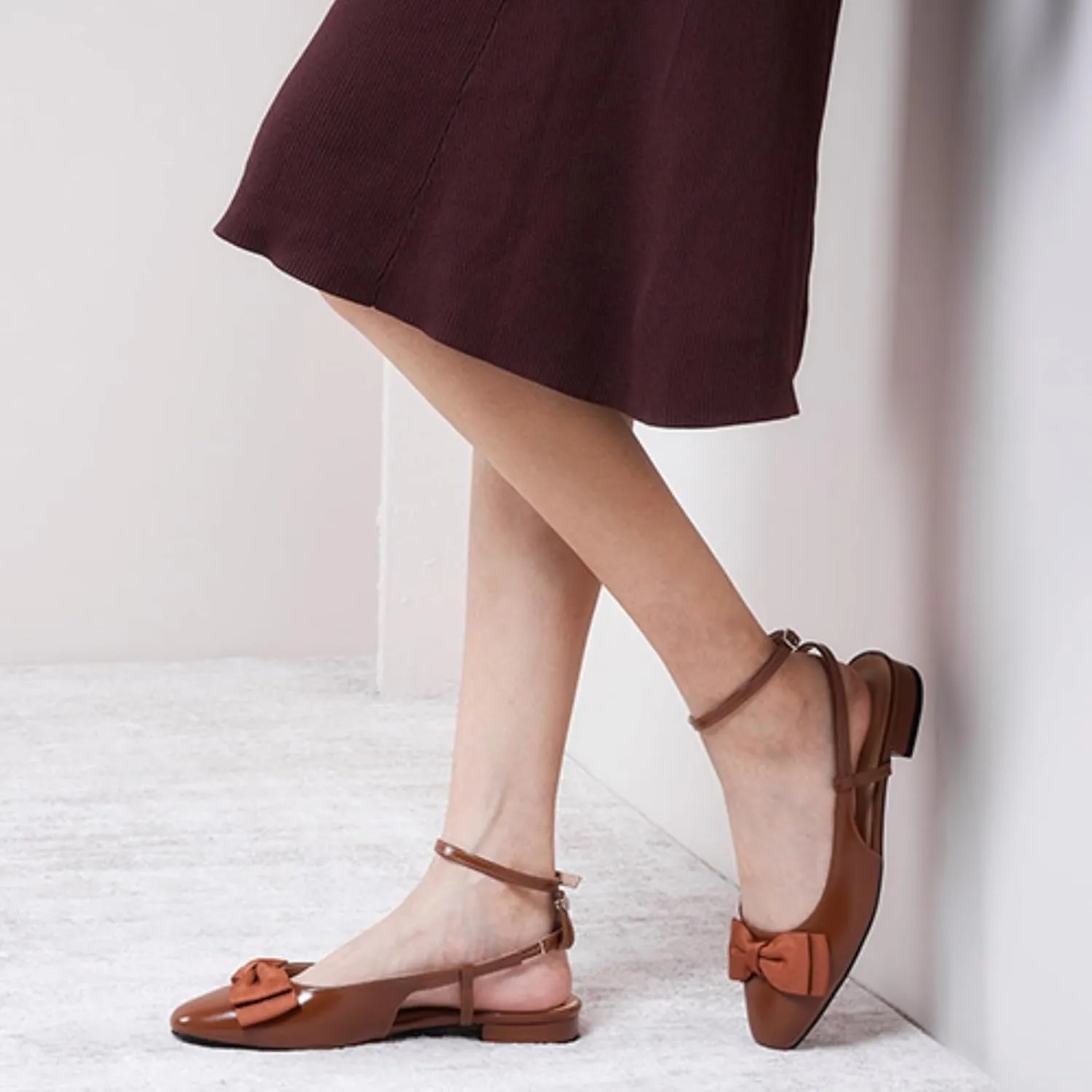 C.Paravano Women's Slingback Flats with Bowknot Flats Sandals Slip on Casual Flats Shoes Detachable Ankle Strap Almond Toe