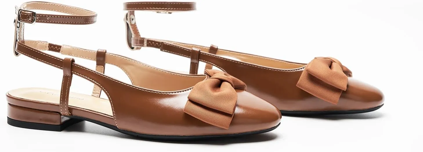 C.Paravano Women's Slingback Flats with Bowknot Flats Sandals Slip on Casual Flats Shoes Detachable Ankle Strap Almond Toe