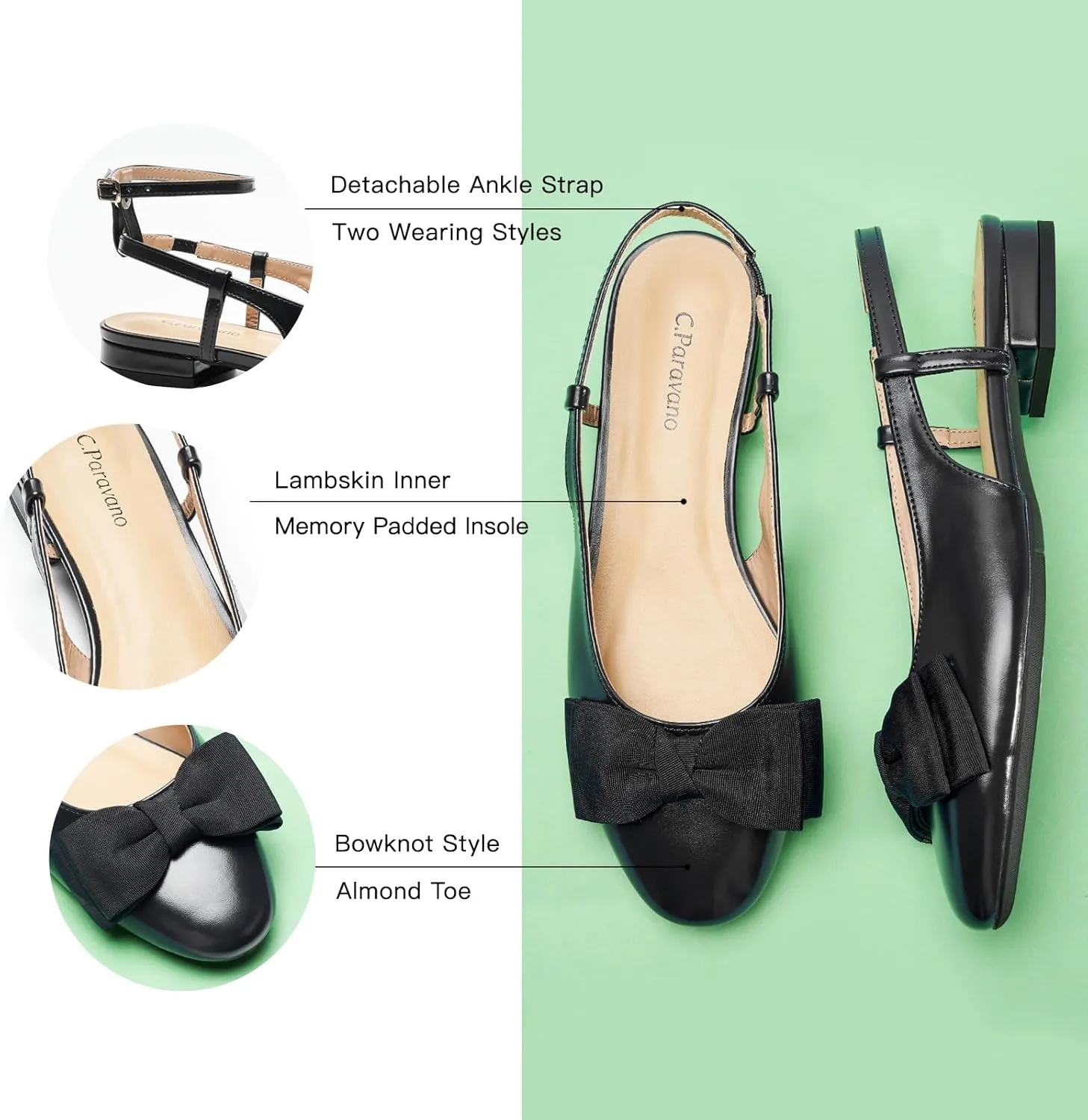 C.Paravano Women's Slingback Flats with Bowknot Flats Sandals Slip on Casual Flats Shoes Detachable Ankle Strap Almond Toe