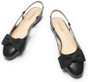 C.Paravano Women's Slingback Flats with Bowknot Flats Sandals Slip on Casual Flats Shoes Detachable Ankle Strap Almond Toe