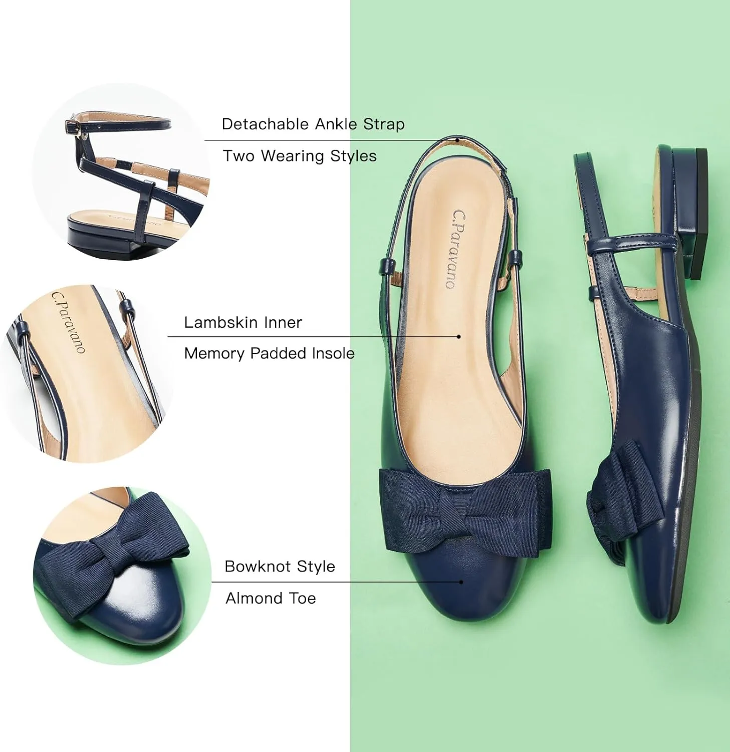 C.Paravano Women's Slingback Flats with Bowknot Flats Sandals Slip on Casual Flats Shoes Detachable Ankle Strap Almond Toe