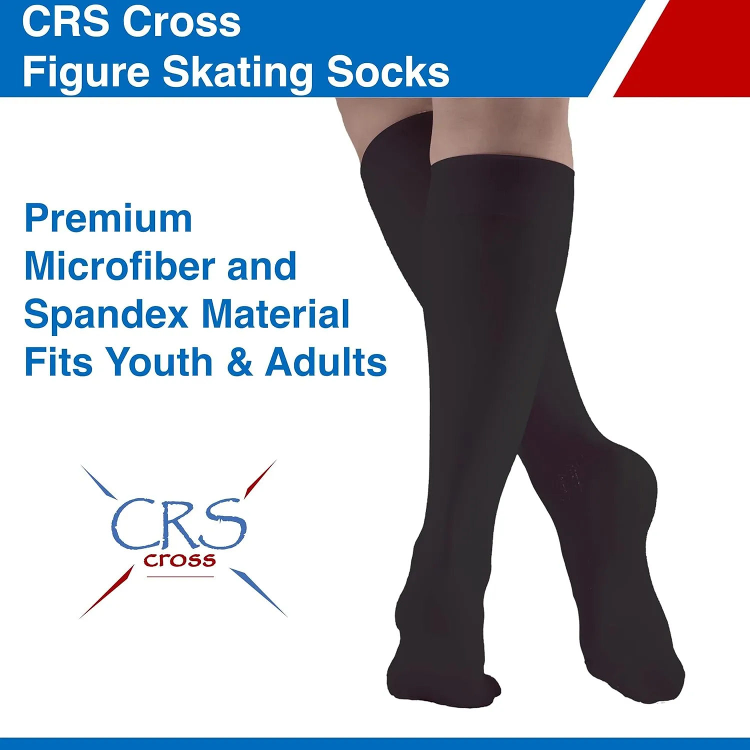 CRS Cross Figure Skating Socks. 2 Pair Knee High Tights. Premium Footed Ice Skate Dance Socks in a Variety of Colors.