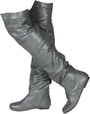 Crzidha Over The Knee High Boots for Women Slouchy,Wide Calf Pull On Thigh High Boots with Stretch Elastic Cuff Comfortable Loose Wide Width Low Heel Flat Thigh High Faux Leather Boots