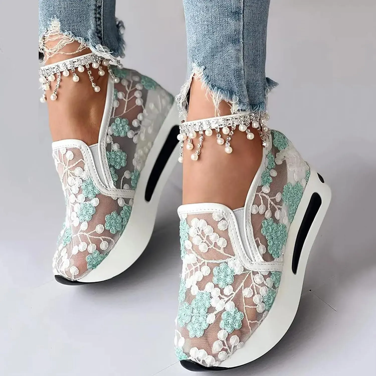 Crzidha Platform Wedge Fashion Sneakers for Women,Embroidery Floral Sheer Mesh Lace Walking Dress Shoes with Arch Support Chunky Hidden High Heels Slip On Loafers Dressy Low Top Play Sneakers
