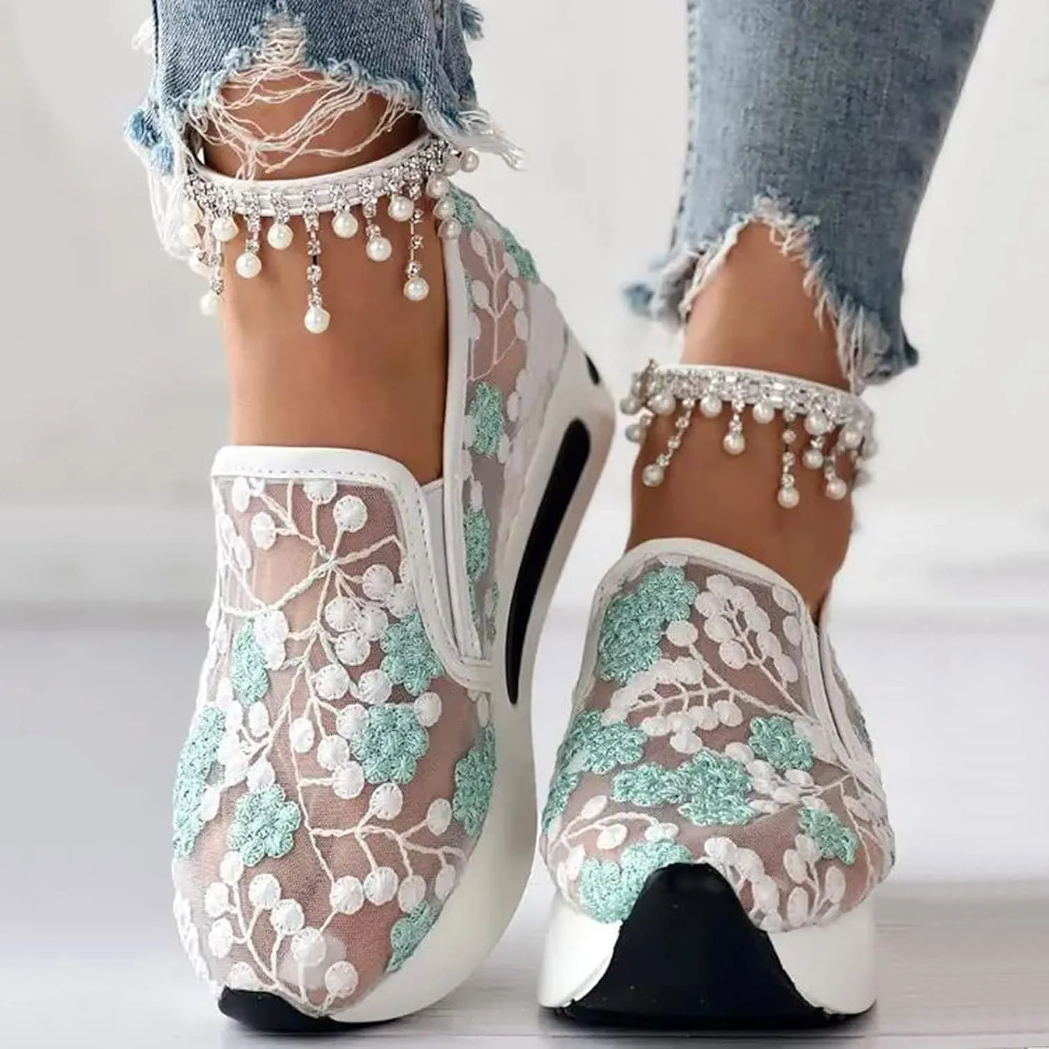 Crzidha Platform Wedge Fashion Sneakers for Women,Embroidery Floral Sheer Mesh Lace Walking Dress Shoes with Arch Support Chunky Hidden High Heels Slip On Loafers Dressy Low Top Play Sneakers