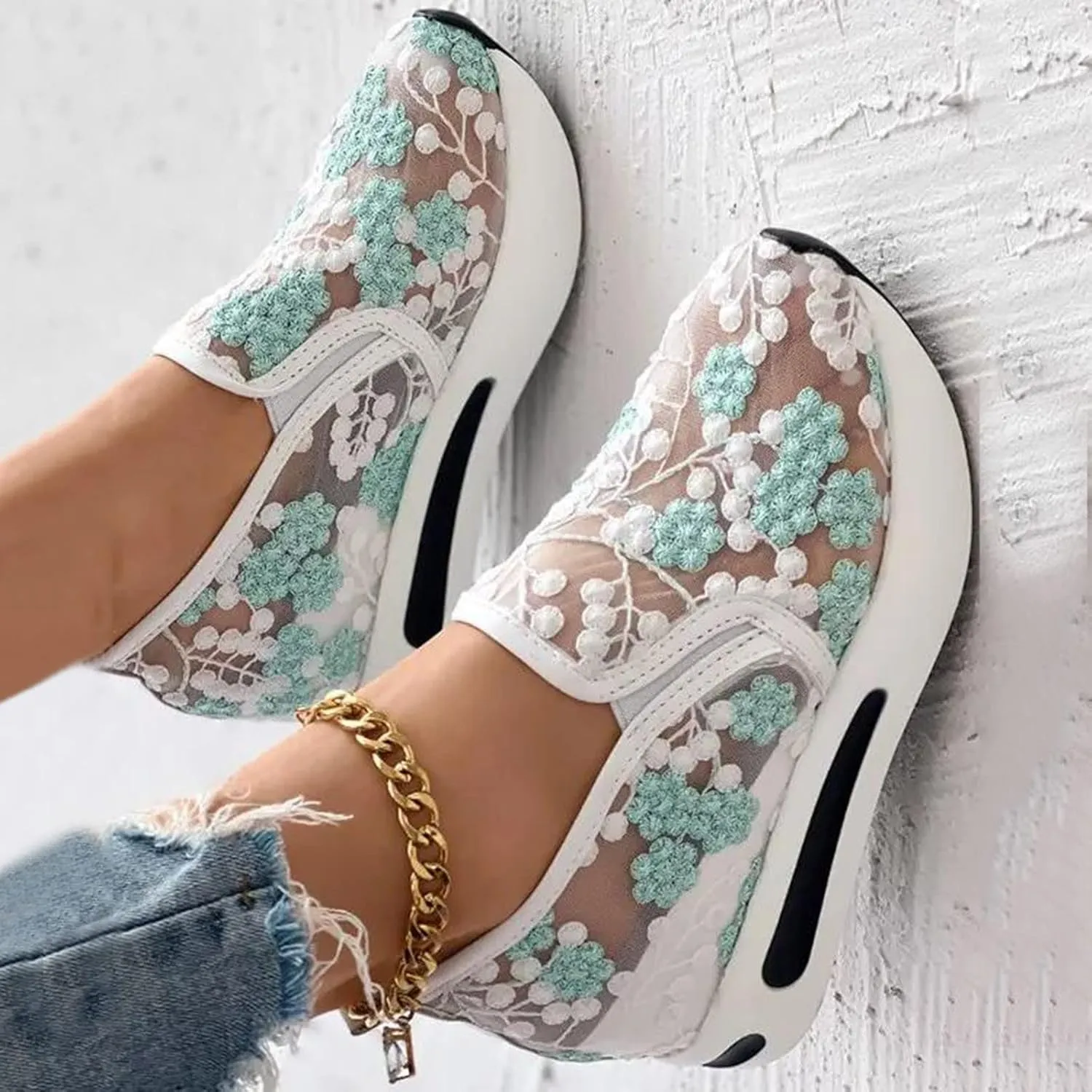 Crzidha Platform Wedge Fashion Sneakers for Women,Embroidery Floral Sheer Mesh Lace Walking Dress Shoes with Arch Support Chunky Hidden High Heels Slip On Loafers Dressy Low Top Play Sneakers