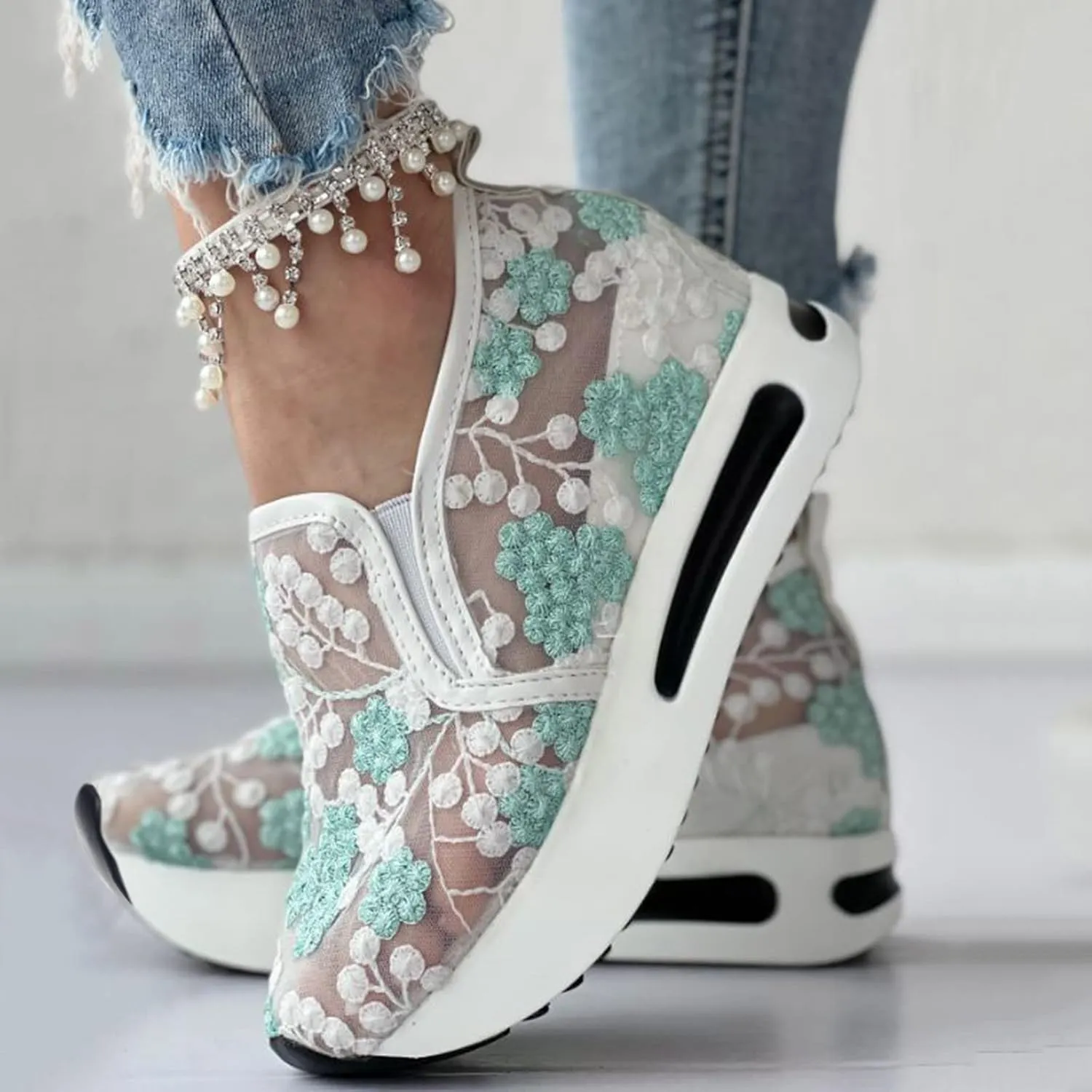 Crzidha Platform Wedge Fashion Sneakers for Women,Embroidery Floral Sheer Mesh Lace Walking Dress Shoes with Arch Support Chunky Hidden High Heels Slip On Loafers Dressy Low Top Play Sneakers
