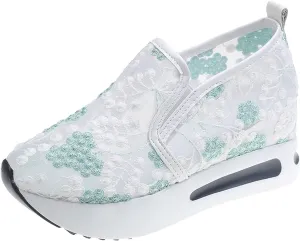 Crzidha Platform Wedge Fashion Sneakers for Women,Embroidery Floral Sheer Mesh Lace Walking Dress Shoes with Arch Support Chunky Hidden High Heels Slip On Loafers Dressy Low Top Play Sneakers