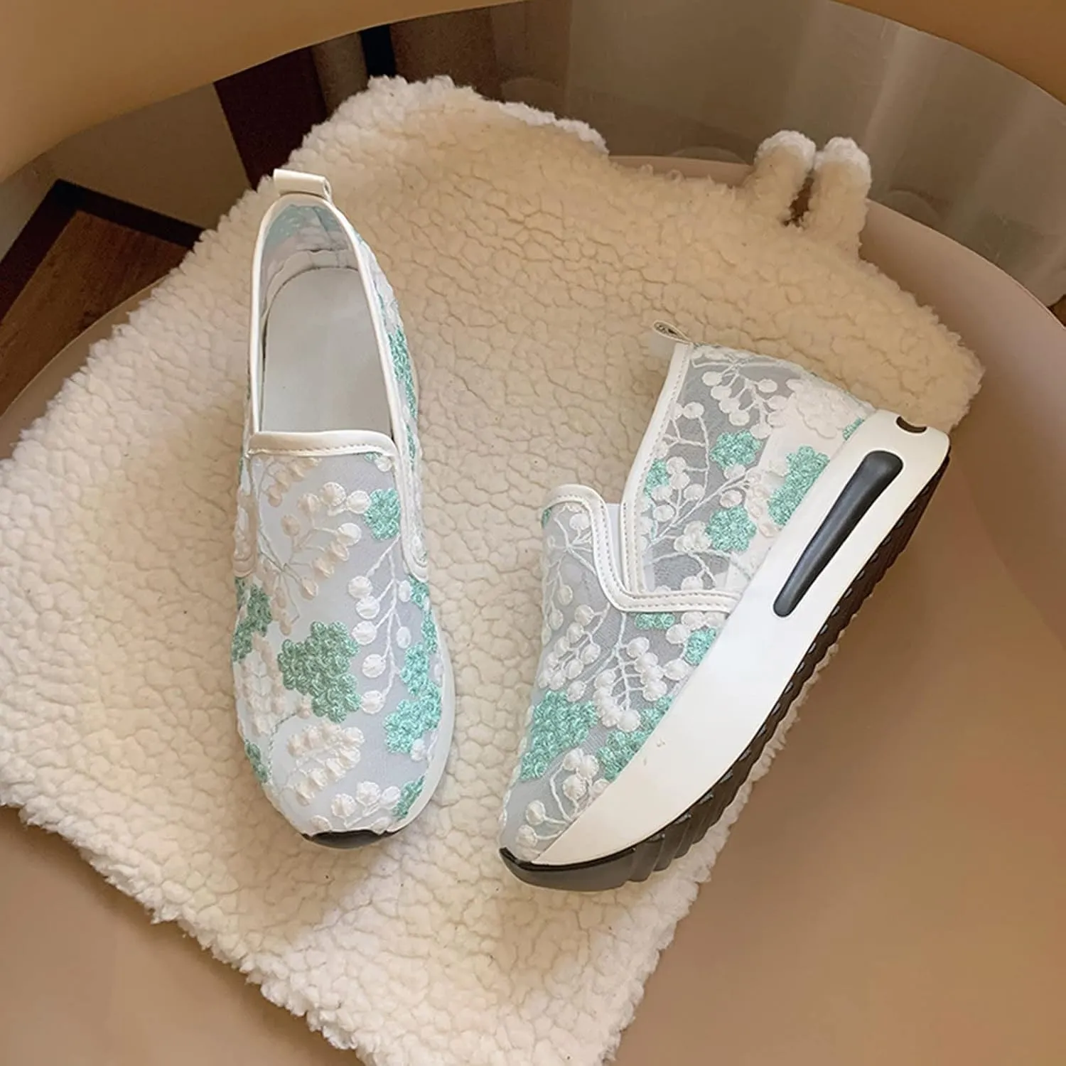 Crzidha Platform Wedge Fashion Sneakers for Women,Embroidery Floral Sheer Mesh Lace Walking Dress Shoes with Arch Support Chunky Hidden High Heels Slip On Loafers Dressy Low Top Play Sneakers