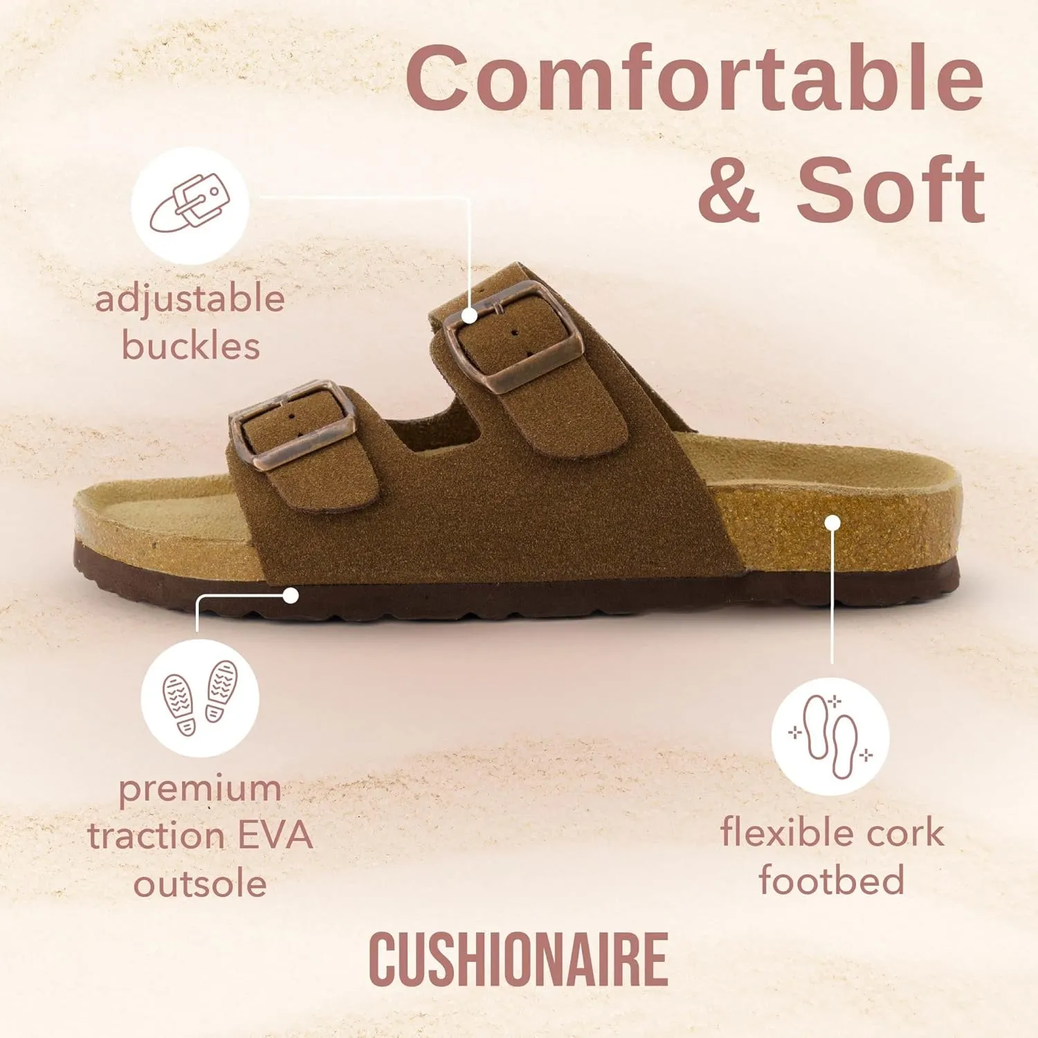 CUSHIONAIRE Lane Cork Footbed Sandals for Women – Comfortable Double Buckle Slip-On with Genuine Suede Footbed & Arch Support Slides for Women Footwear