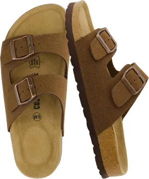 CUSHIONAIRE Lane Cork Footbed Sandals for Women – Comfortable Double Buckle Slip-On with Genuine Suede Footbed & Arch Support Slides for Women Footwear