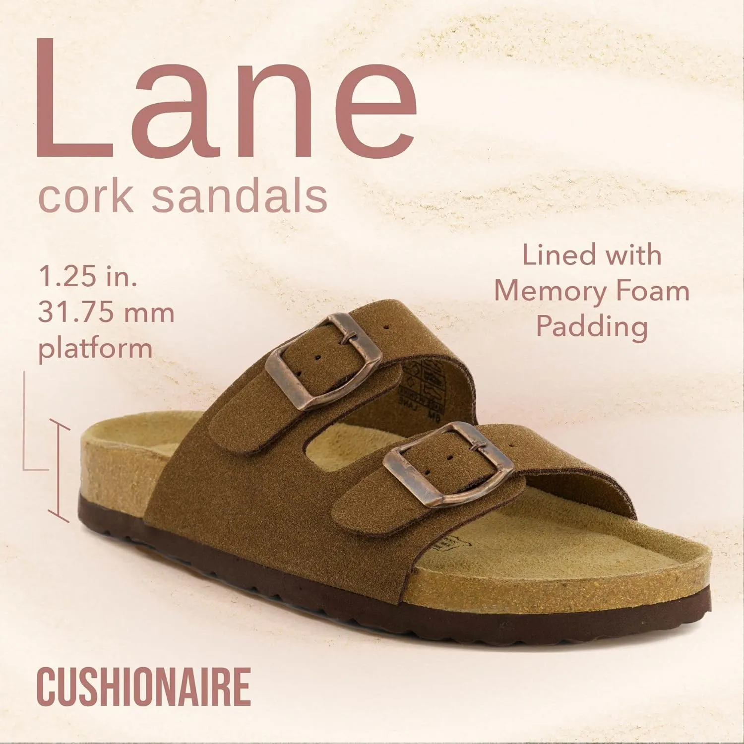 CUSHIONAIRE Lane Cork Footbed Sandals for Women – Comfortable Double Buckle Slip-On with Genuine Suede Footbed & Arch Support Slides for Women Footwear