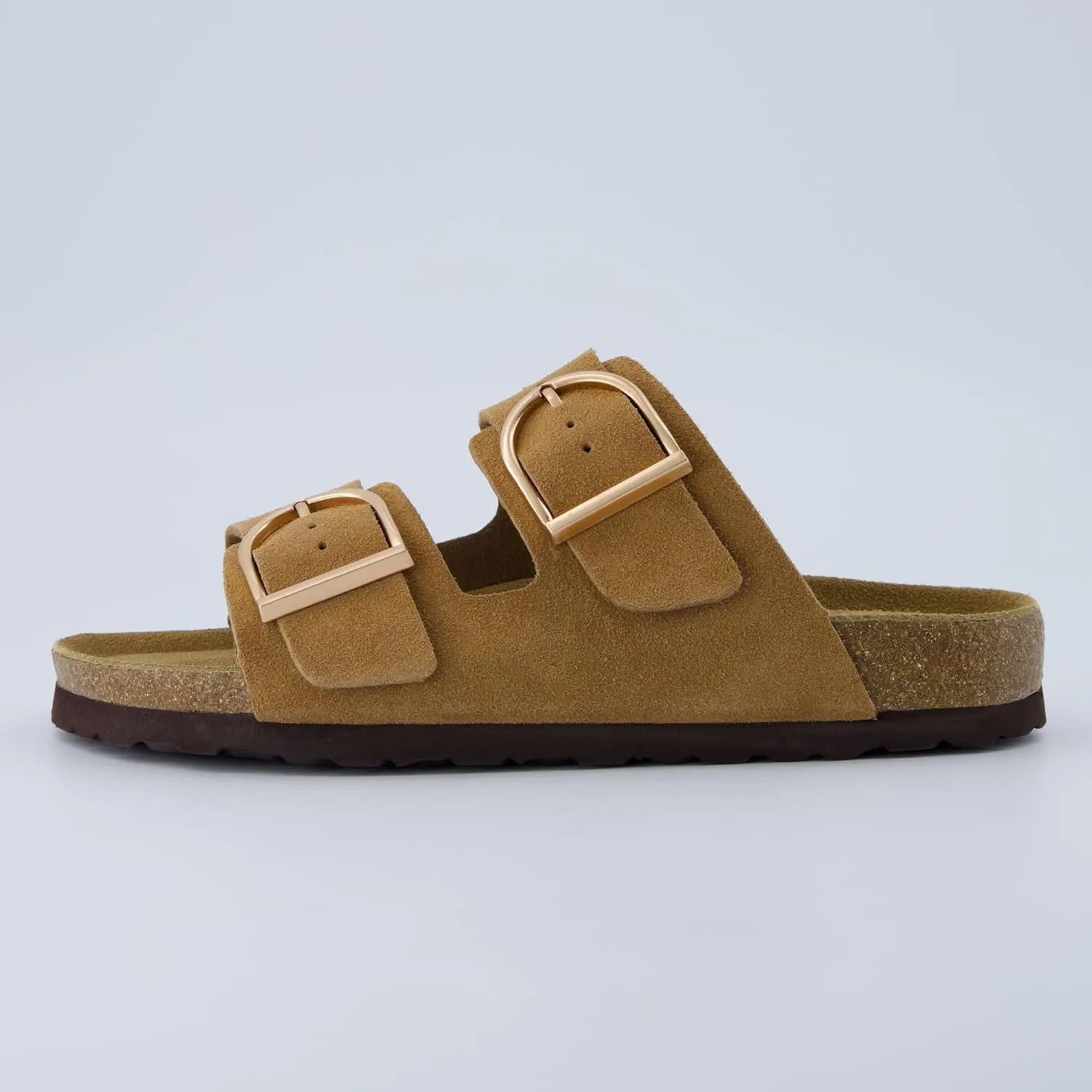 CUSHIONAIRE Legacy Cork Footbed Sandals for Women – Leather Double Strap Slides with Adjustable Buckles   Memory Foam
