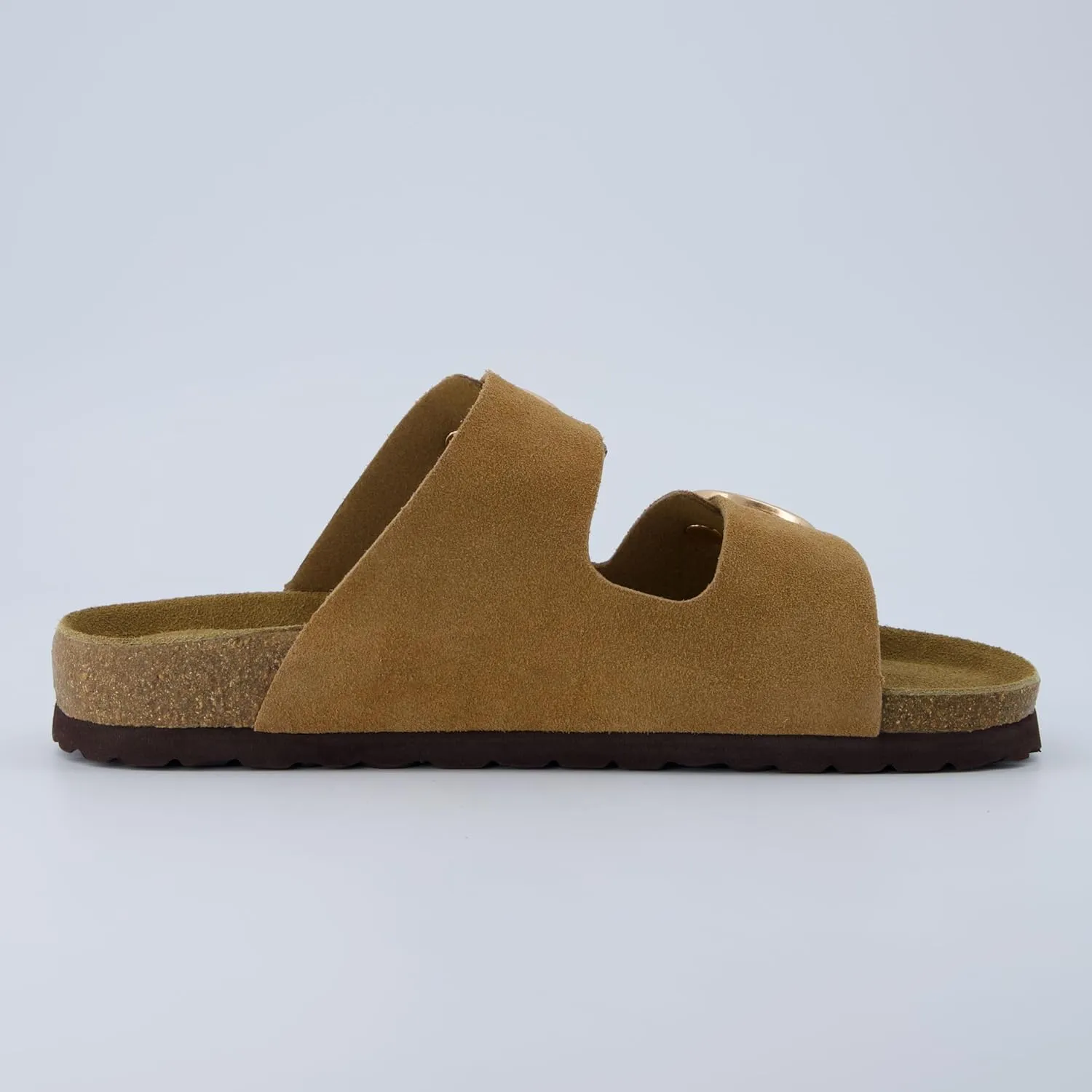 CUSHIONAIRE Legacy Cork Footbed Sandals for Women – Leather Double Strap Slides with Adjustable Buckles   Memory Foam
