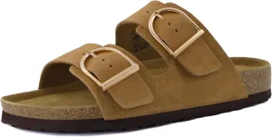 CUSHIONAIRE Legacy Cork Footbed Sandals for Women – Leather Double Strap Slides with Adjustable Buckles   Memory Foam