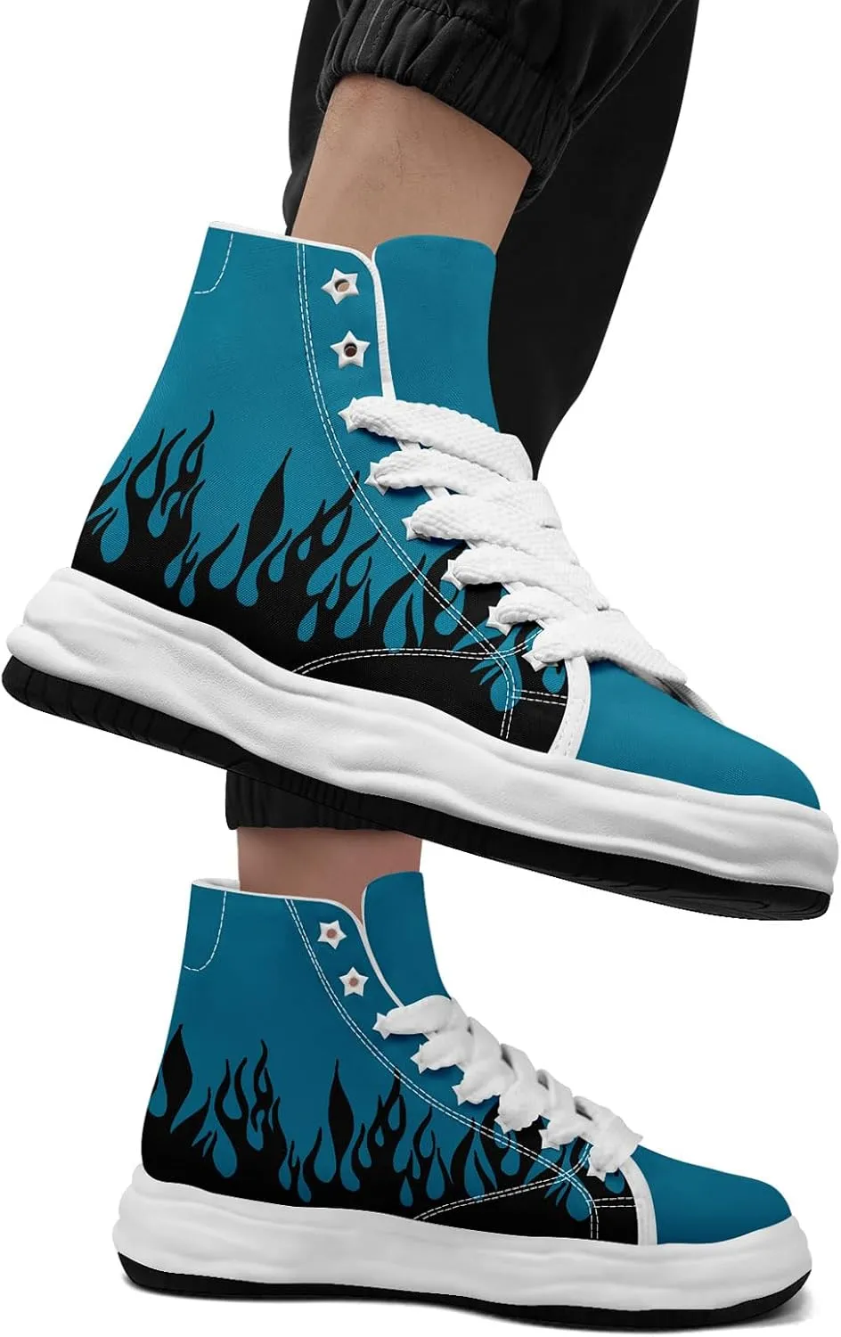 Custom Flame High-Top Platform Sneakers, Fashion Chunky Elevated Canvas Trainers for Streetwear Race Casual Footwear