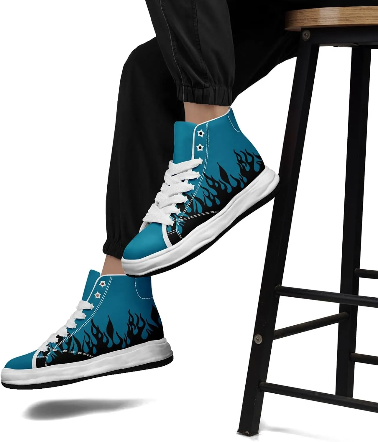 Custom Flame High-Top Platform Sneakers, Fashion Chunky Elevated Canvas Trainers for Streetwear Race Casual Footwear