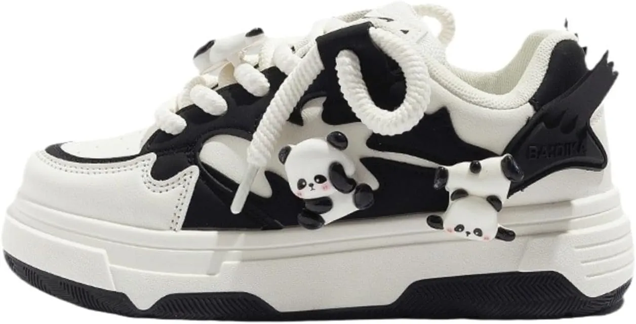 Cute Chunky Y2K Platform Sneakers for Student Girls Breathable Street Wear, GenZ Lace Casual Trainers with Panda Charms