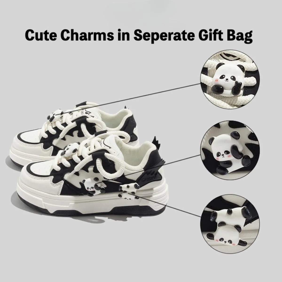 Cute Chunky Y2K Platform Sneakers for Student Girls Breathable Street Wear, GenZ Lace Casual Trainers with Panda Charms