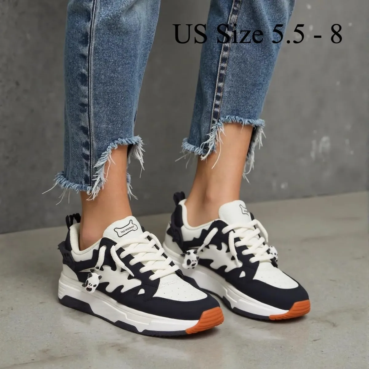 Cute Chunky Y2K Platform Sneakers for Student Girls Breathable Street Wear, GenZ Lace Casual Trainers with Panda Charms