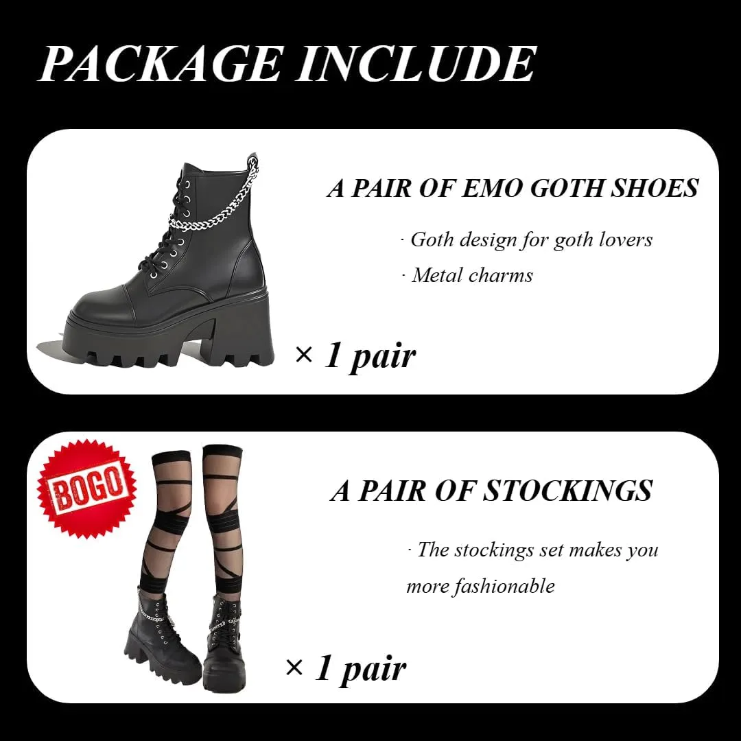 Cute Goth Boots with Chain Charms High Heels Platform Chunky Plus-Size Lace-up Zipper Comfy Non Slip Lightweight Softy Shoes Edgy Punk Rock Y2K Pretty Fashion for Women