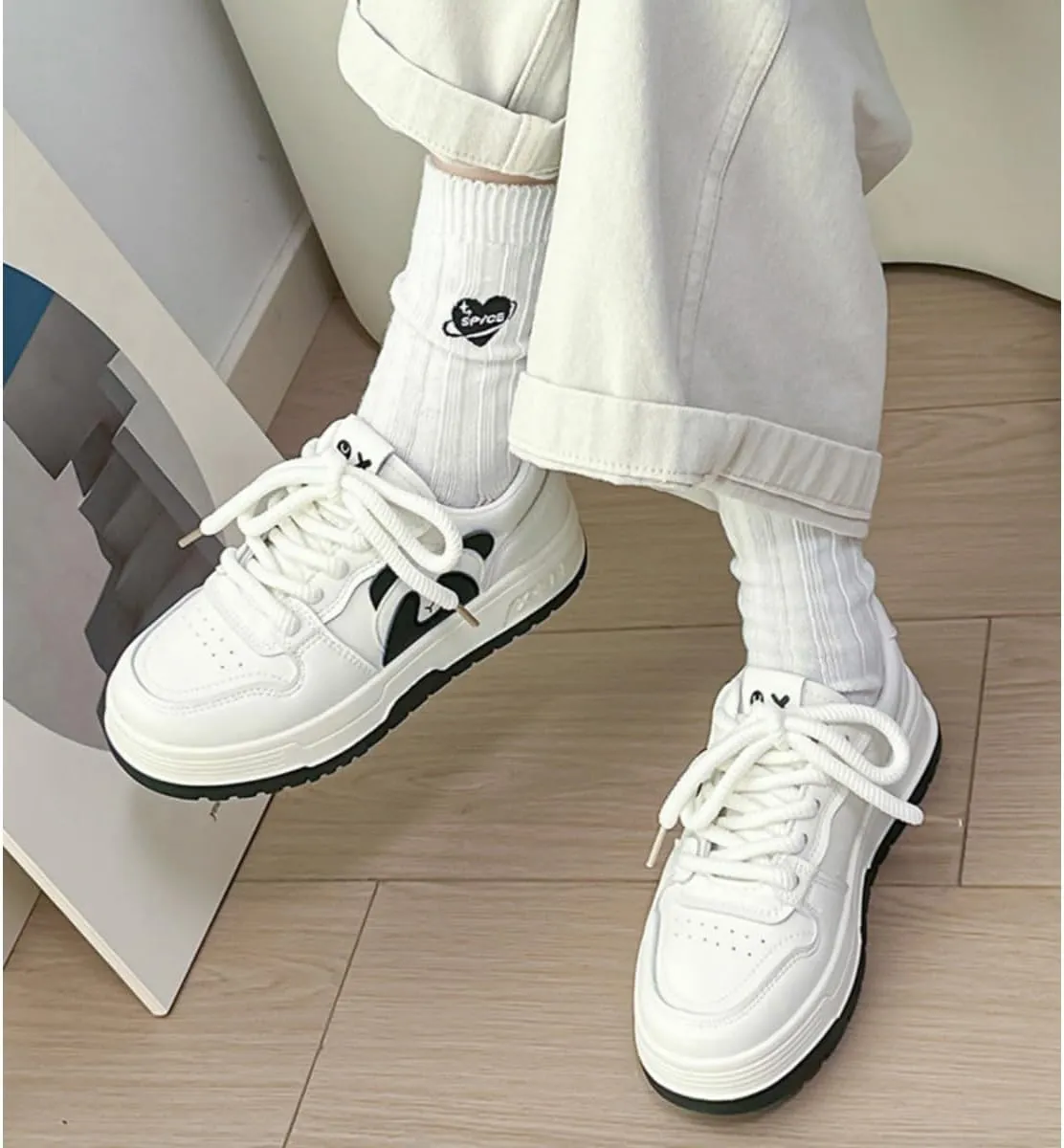 Cute Panda Sneakers for Women - White Platform Athletic Shoes with Animal Design, Casual Fashion Comfortable Walking Shoes