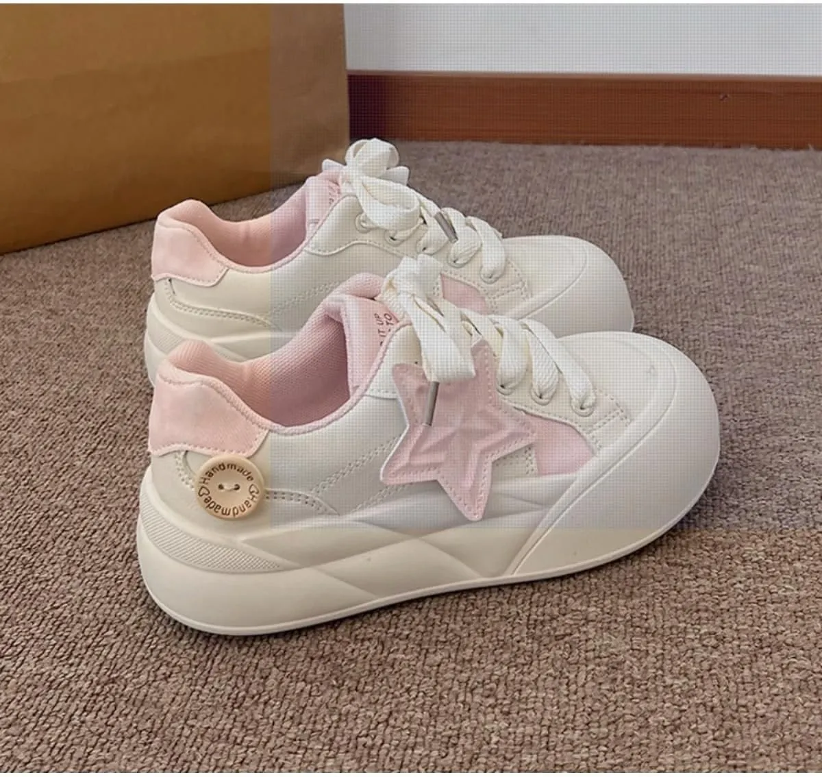 Cute Star-Embellished Chunky Sole Sneakers for Women & Teens – Lace-Up Shoes with Removable Bow Charms, Pink and Blue Options - Perfect for Gifts