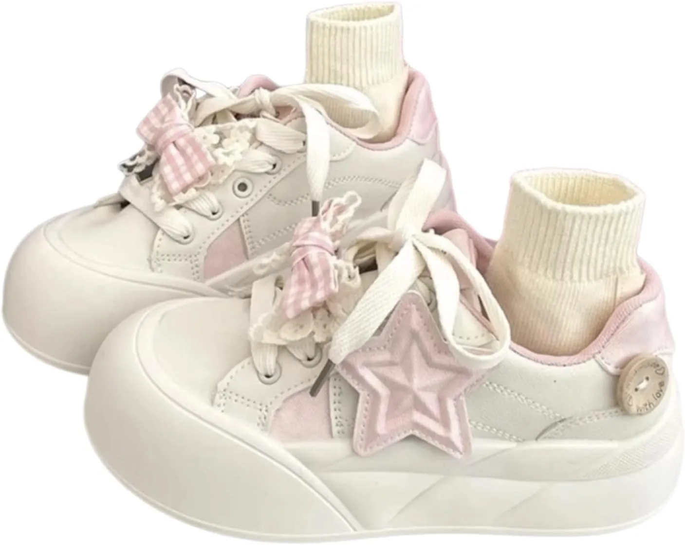 Cute Star-Embellished Chunky Sole Sneakers for Women & Teens – Lace-Up Shoes with Removable Bow Charms, Pink and Blue Options - Perfect for Gifts