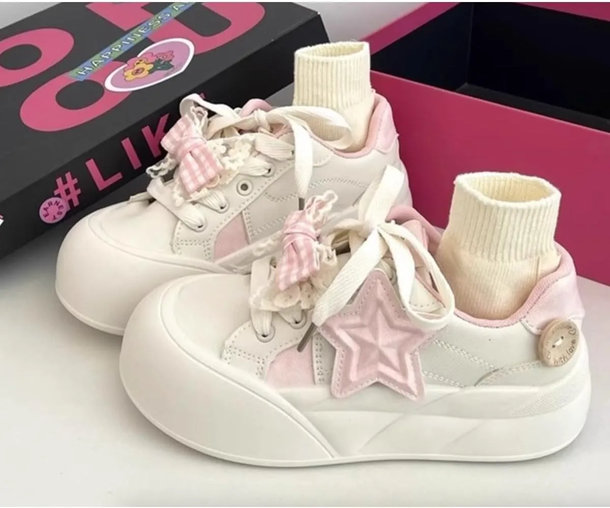 Cute Star-Embellished Chunky Sole Sneakers for Women & Teens – Lace-Up Shoes with Removable Bow Charms, Pink and Blue Options - Perfect for Gifts