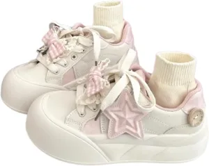 Cute Star-Embellished Chunky Sole Sneakers for Women & Teens – Lace-Up Shoes with Removable Bow Charms, Pink and Blue Options - Perfect for Gifts