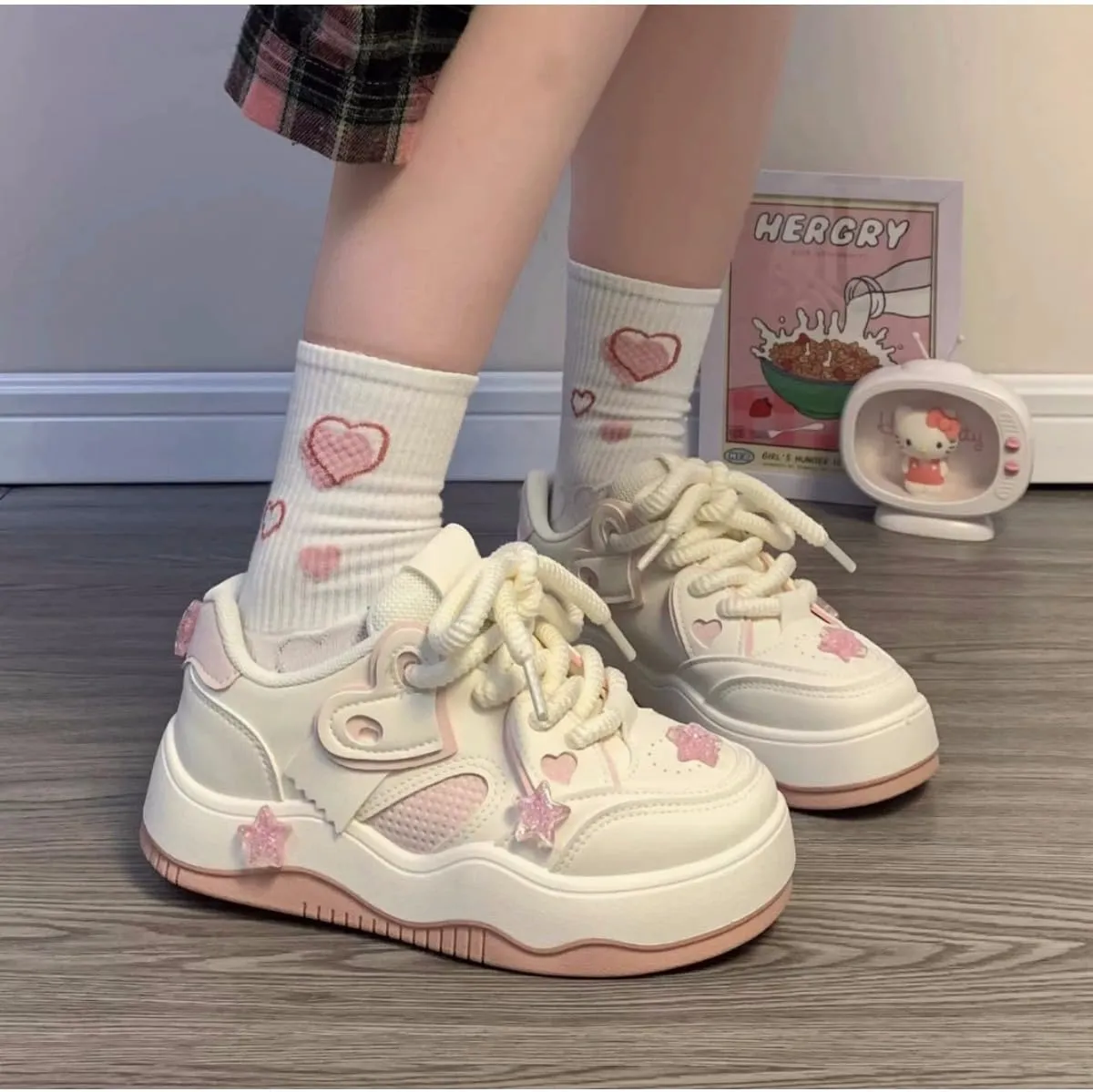 Cute Star Heart Platform Sneakers - Women's Cream & Pink Y2K Fashion Shoes, Comfortable Chunky Lace-Up Sneakers with Glitter Star Accents
