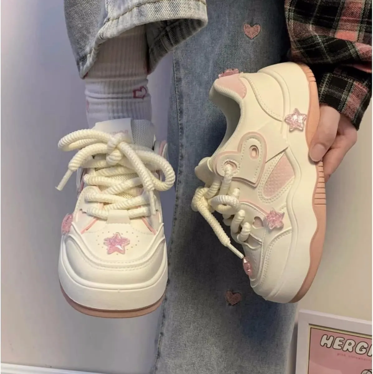 Cute Star Heart Platform Sneakers - Women's Cream & Pink Y2K Fashion Shoes, Comfortable Chunky Lace-Up Sneakers with Glitter Star Accents