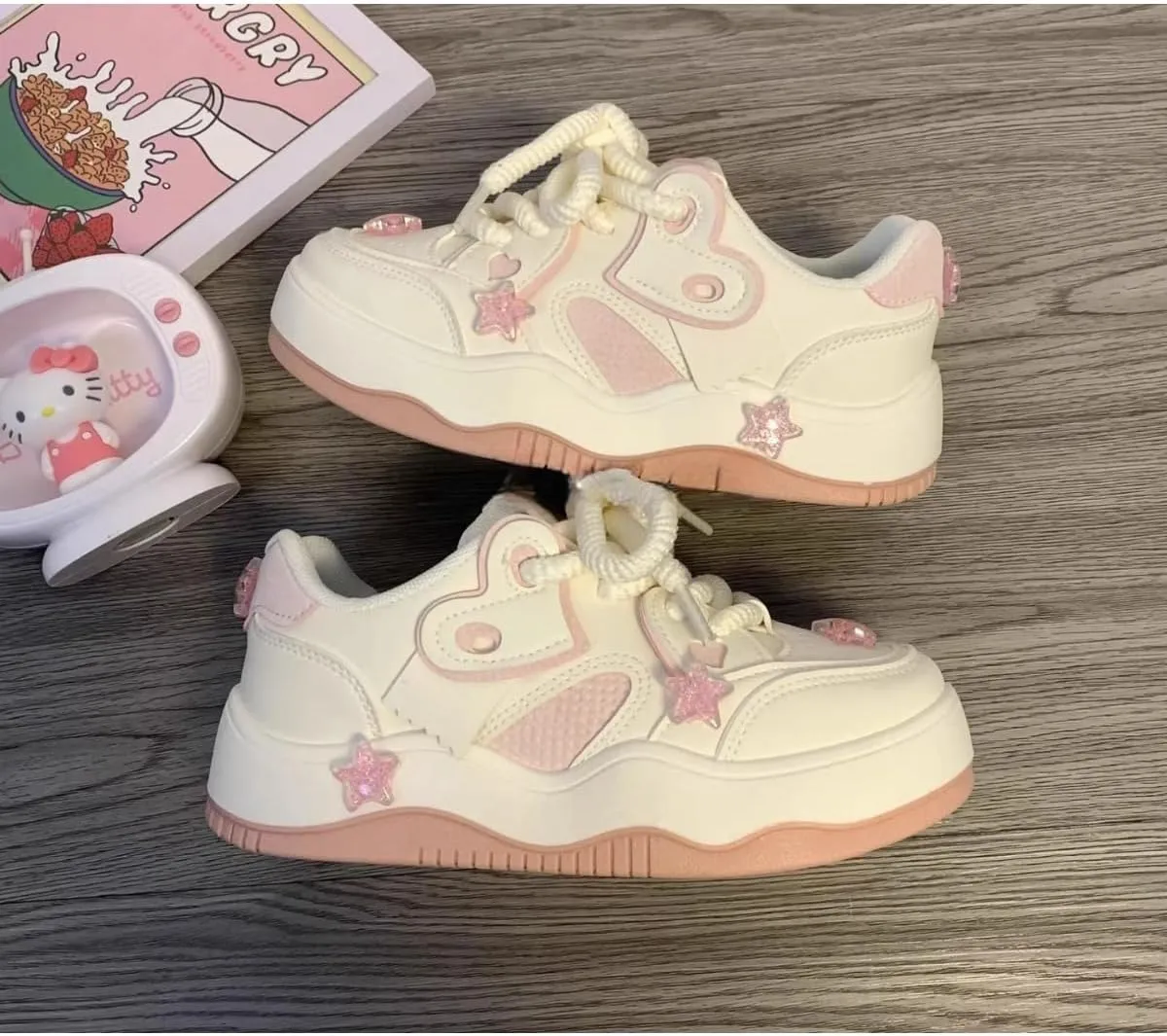 Cute Star Heart Platform Sneakers - Women's Cream & Pink Y2K Fashion Shoes, Comfortable Chunky Lace-Up Sneakers with Glitter Star Accents