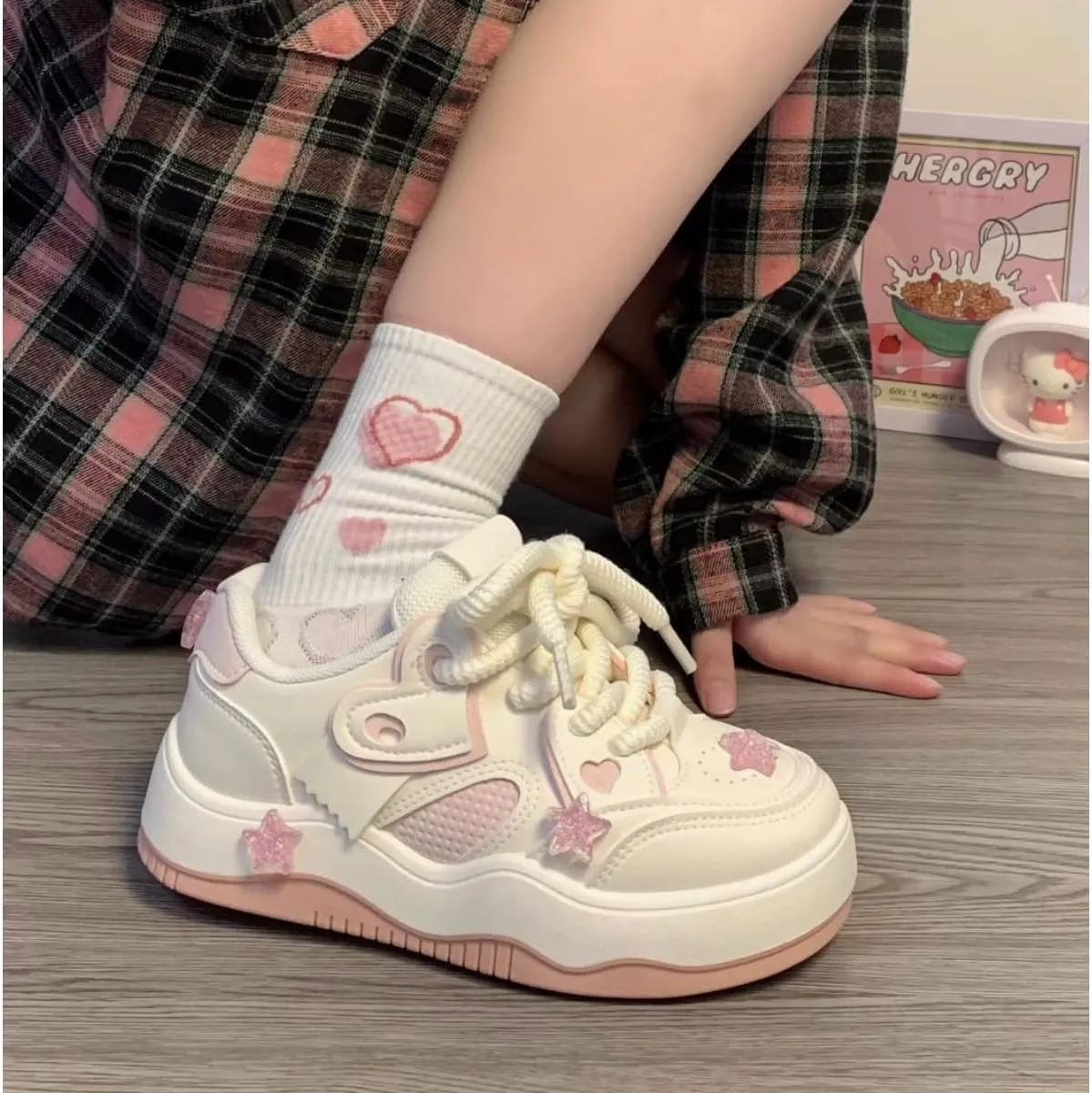Cute Star Heart Platform Sneakers - Women's Cream & Pink Y2K Fashion Shoes, Comfortable Chunky Lace-Up Sneakers with Glitter Star Accents