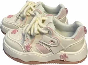 Cute Star Heart Platform Sneakers - Women's Cream & Pink Y2K Fashion Shoes, Comfortable Chunky Lace-Up Sneakers with Glitter Star Accents
