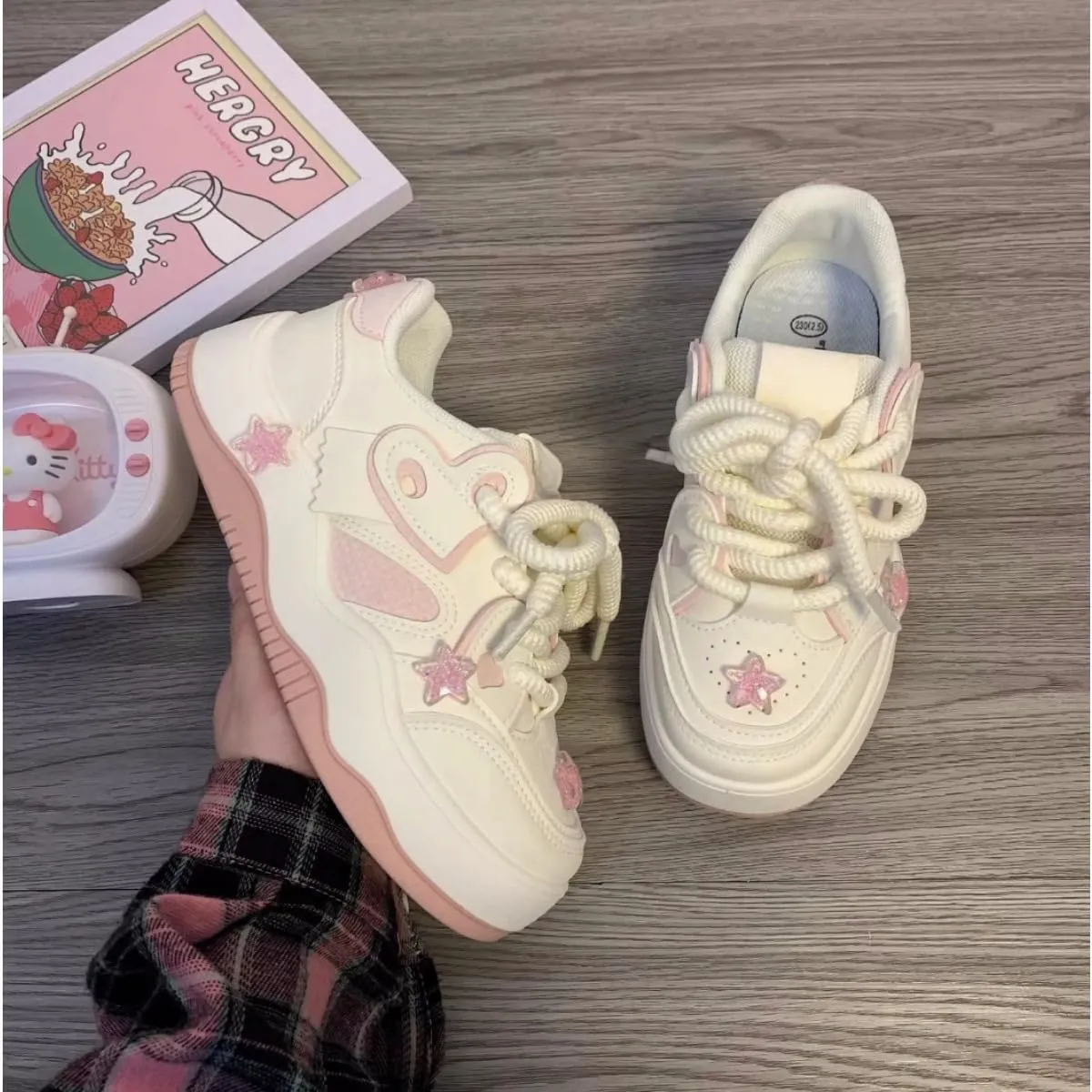 Cute Star Heart Platform Sneakers - Women's Cream & Pink Y2K Fashion Shoes, Comfortable Chunky Lace-Up Sneakers with Glitter Star Accents