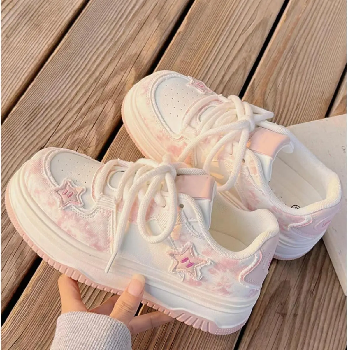 Cute Star Platform Sneakers - Women's Pink & Beige Tie-Dye Y2K Fashion Shoes, Comfortable Casual Lace-Up Sneakers with Pastel Star Design
