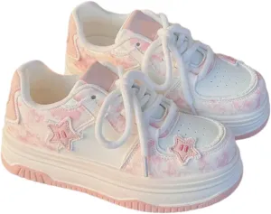 Cute Star Platform Sneakers - Women's Pink & Beige Tie-Dye Y2K Fashion Shoes, Comfortable Casual Lace-Up Sneakers with Pastel Star Design