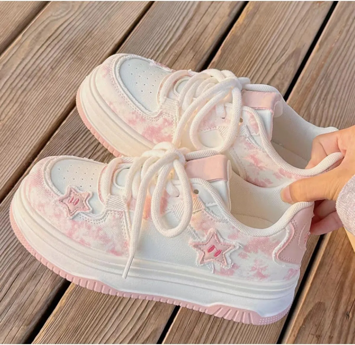 Cute Star Platform Sneakers - Women's Pink & Beige Tie-Dye Y2K Fashion Shoes, Comfortable Casual Lace-Up Sneakers with Pastel Star Design