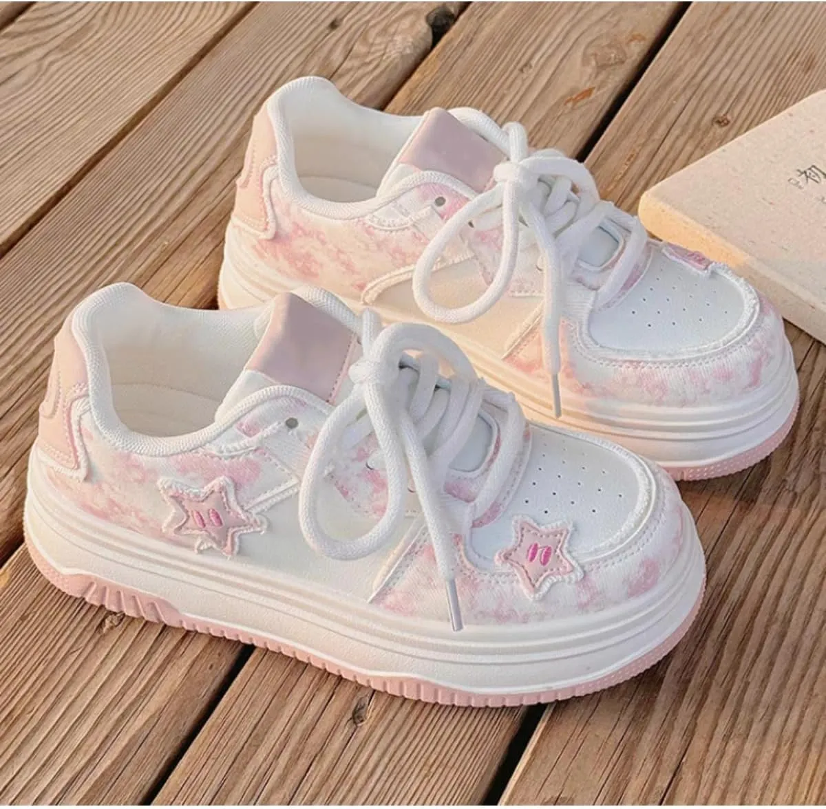 Cute Star Platform Sneakers - Women's Pink & Beige Tie-Dye Y2K Fashion Shoes, Comfortable Casual Lace-Up Sneakers with Pastel Star Design